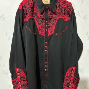 Scully Black Red Embroidered Western Pearl Snap Men’s Rockabilly Rodeo Shirt